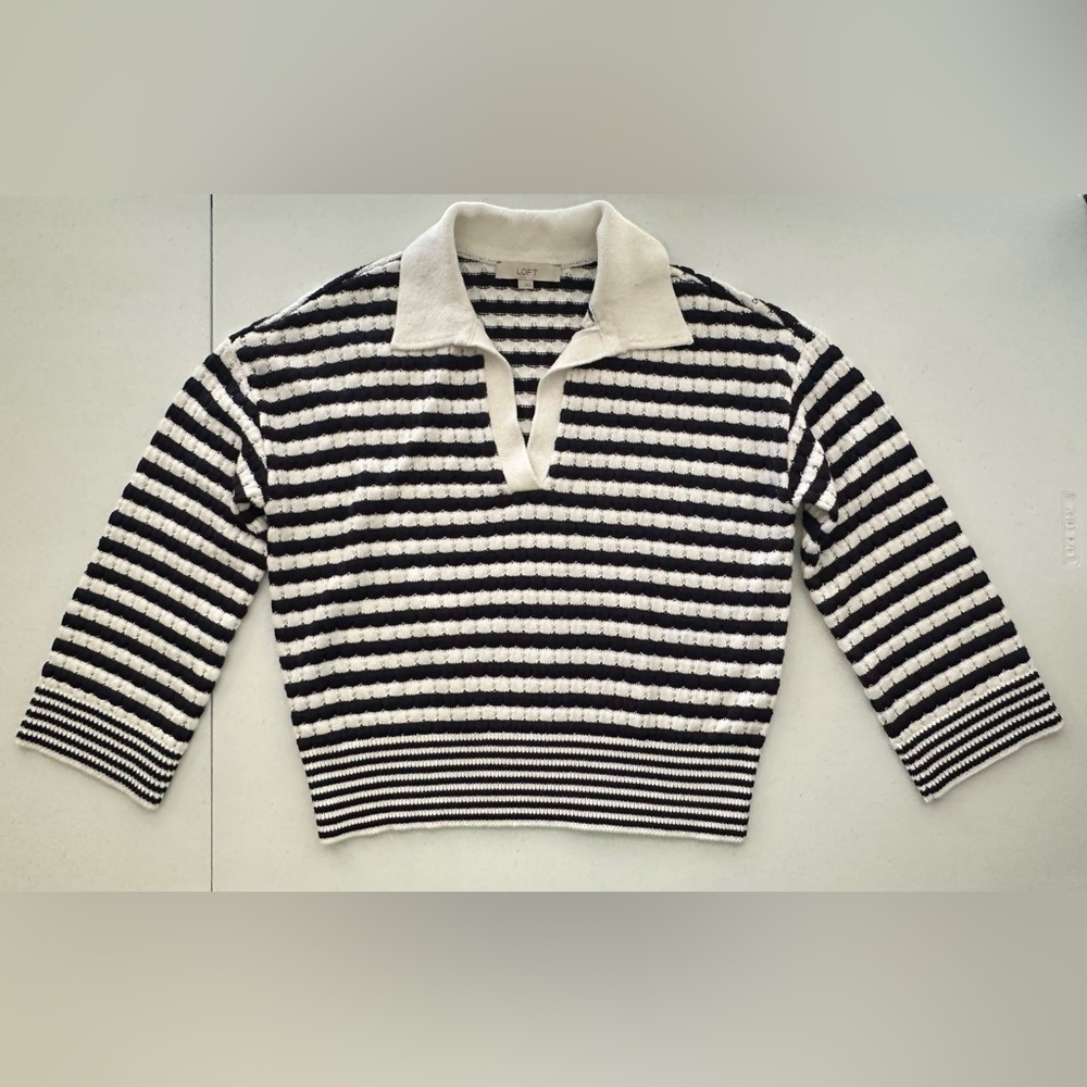 LOFT Navy and Cream Striped Collared V-Neck Sweater wide sleeves knit Nautical